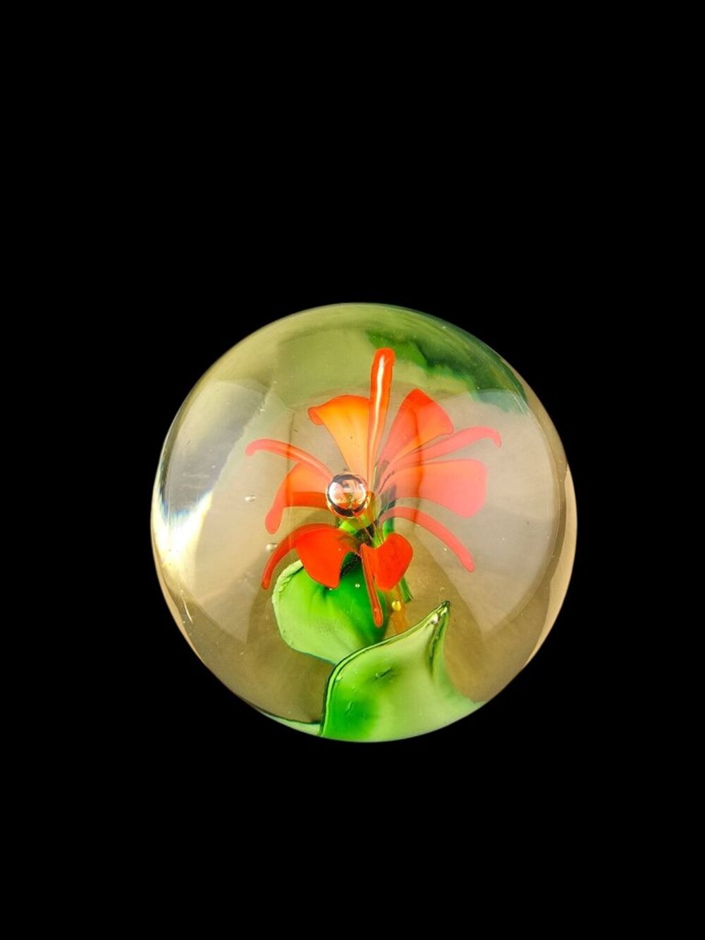 Handcrafted Clear Glass Paperweight With Orange Flower Design & Green Leaves - Picture 7 of 15